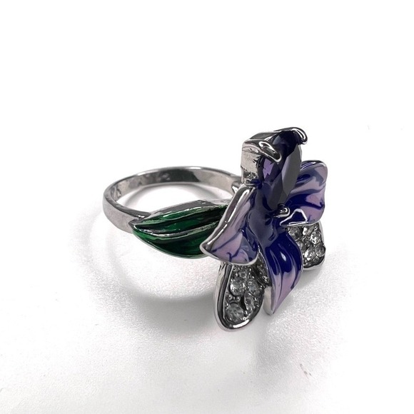 Sterling Silver Purple Orchid Flower Ring Enamel Rhinestone  Statement - Picture 4 of 9